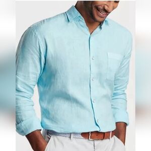 Peter Millar Mens Mint Blue Long Sleeve Button Down 100% Linen, Large